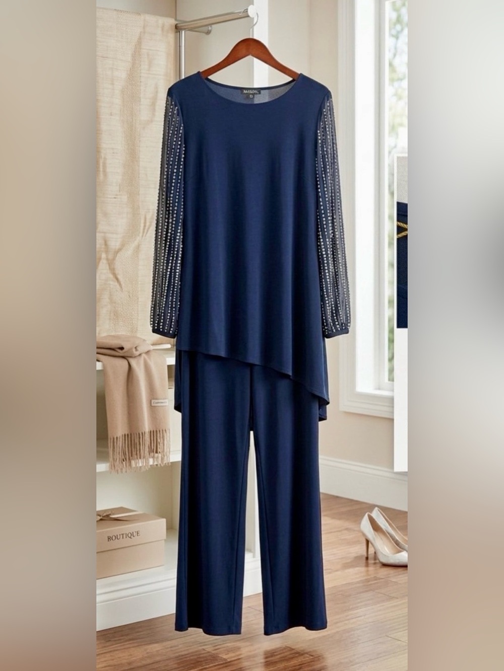 MARINA Navy Two-Piece Beaded Sleeve Pantsuit
